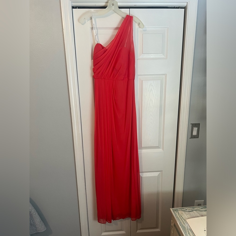 Coral David's Bridal One-Shoulder Chiffon Gown